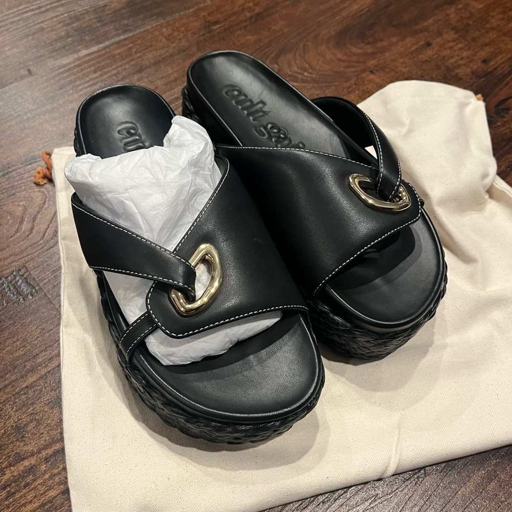 BRAND NEW! Cult Gaia Blythe Black Platform Sandals with Gold Detail - Picture 6 of 6